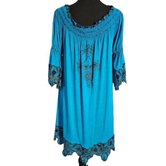 Urban Mango Deep Ocean Blue Comfy Boho Dressy Beaded Lounge Mini Dress, Size M - Picture 6 of 8